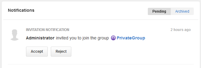 An example of the notification about group invitation in the Inbox