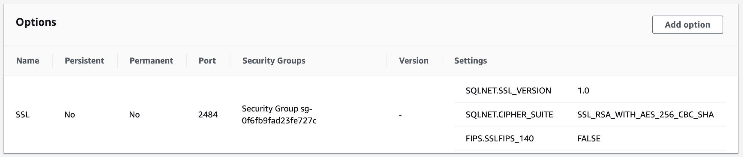 An example of option group on the default TLS port in AWS RDS