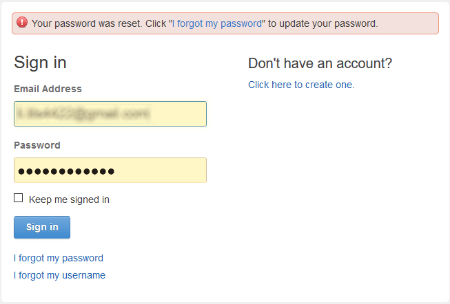 User login page after a password reset