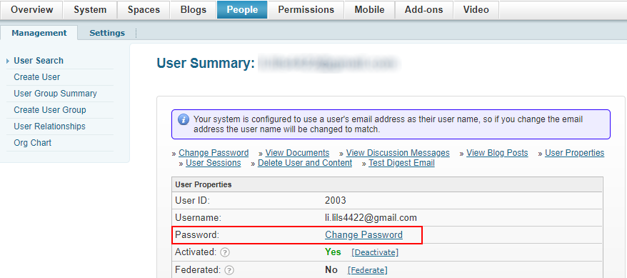 User properties page with password update option enabled
