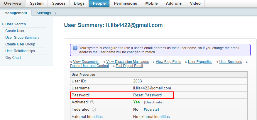 User properties page with password reset option enabled