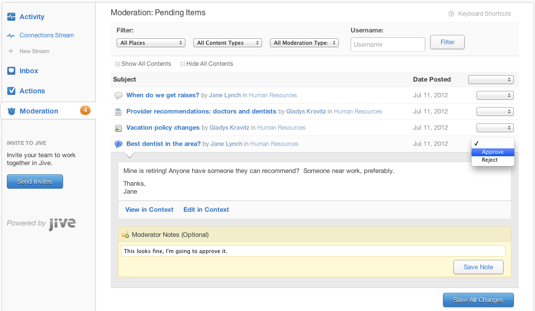 Pending Moderation list
