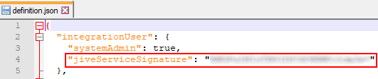 A screenshot of the definition.json file contents