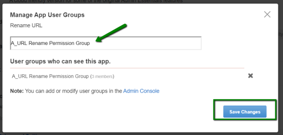 An example of the user group configuration for the Rename social group URL feature