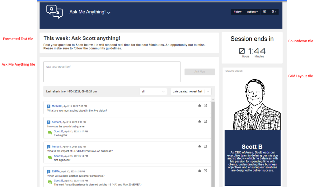 A place with an Ask Me Anything and other tiles during an active AMA session