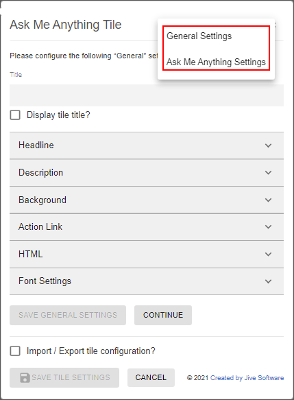Ask Me Anything tile: Configuration menu