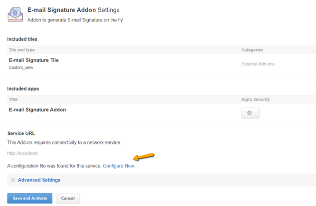 A screenshot of the Email Signature Add-on configuration screen