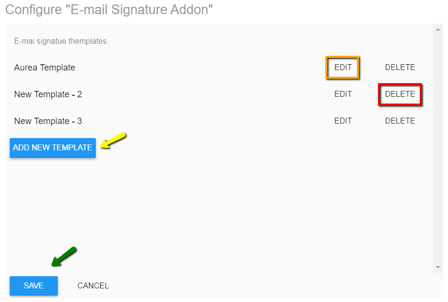 The Configure "Email Signature Add-on" page with the available options