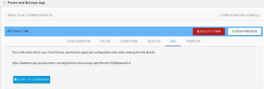 The form link on the URL tab