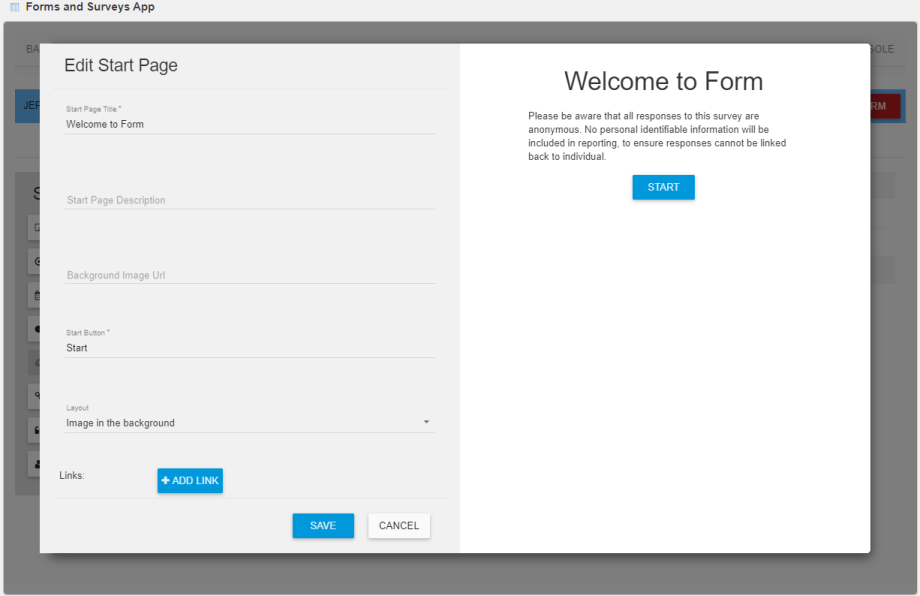 Configuring the start page on the Fields tab
