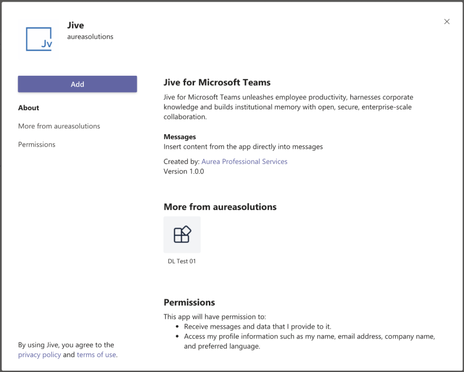 A screenshot of adding the Jive App for Microsoft Teams app to the user's app list