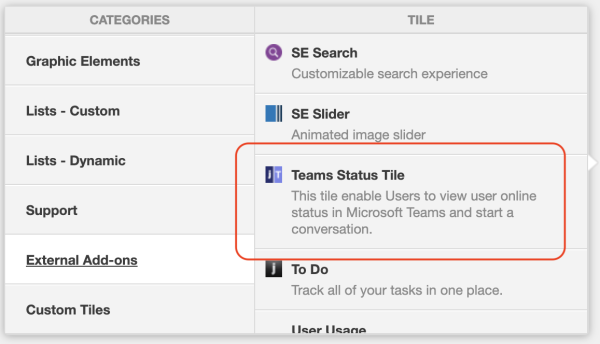 Teams Status tile in the tile selection