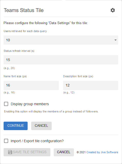 Teams Status tile: Data Settings
