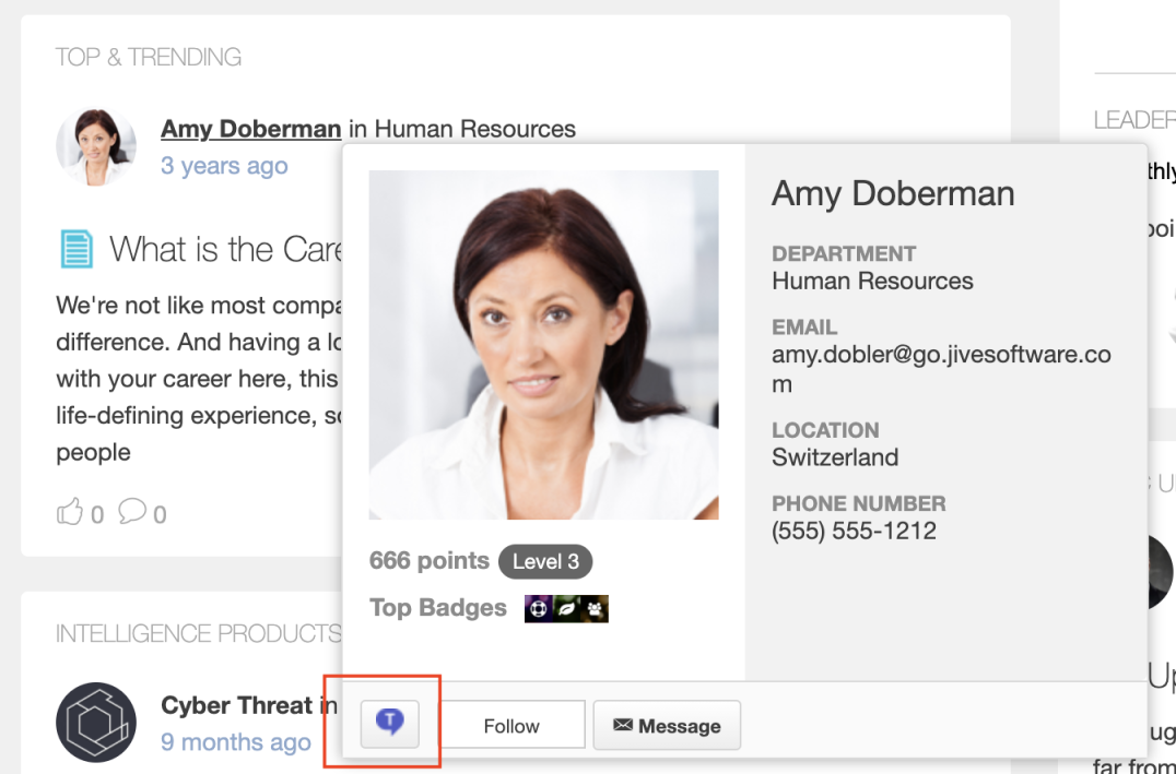 A screenshot of an Amy Doberman's hover card