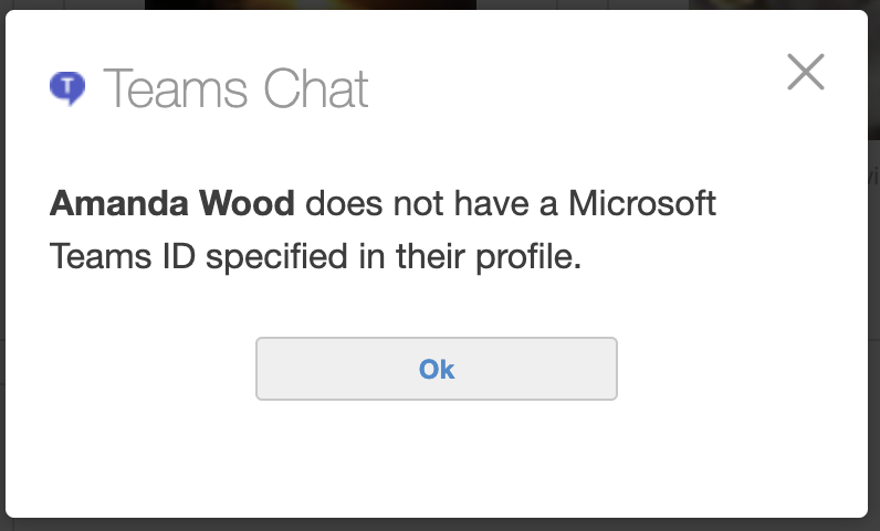 A screenshot of the notification that this user does not have any Microsoft Teams linked