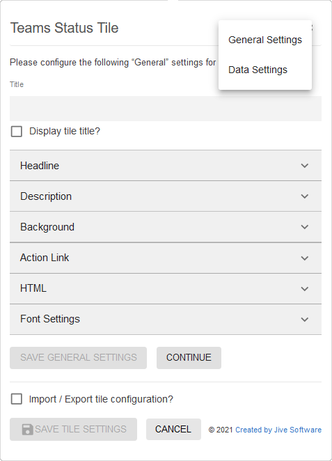 Teams Status tile: Configuration menu