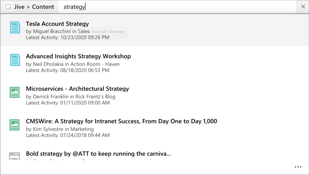 A screenshot example of searching Jive content from Microsoft Teams