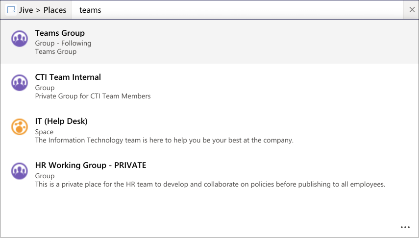 A screenshot example of searching Jive from Microsoft Teams
