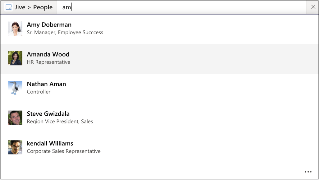 A screenshot example of searching Jive users from Microsoft Teams