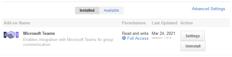 A screenshot of the Microsoft Teams add-on settings