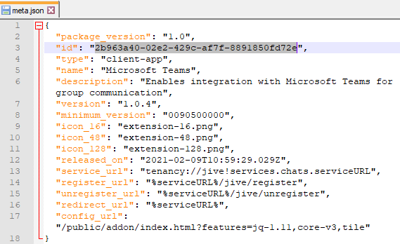 A screenshot of the meta.json file contents