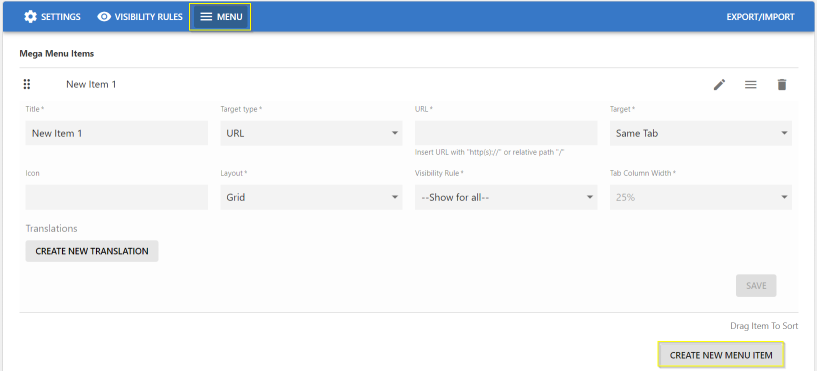 A screenshot of the Create new menu item screen