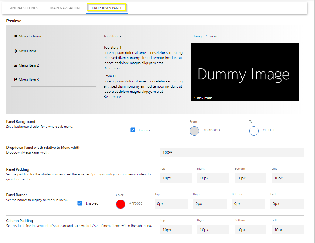 A screenshot of Dropdown Panel: Panel Settings screen