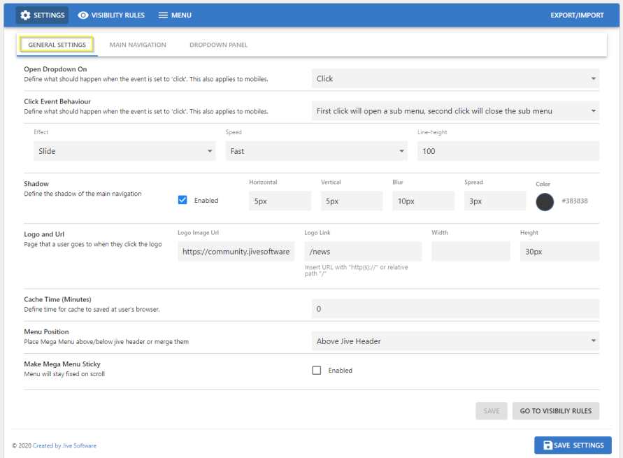 A screenshot of the General Settings screen