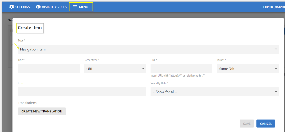 A screenshot of the Create Item screen