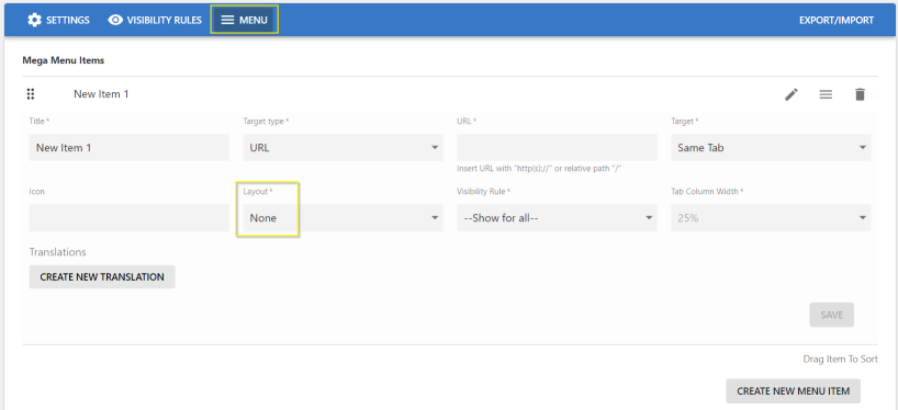 A screenshot of the Creating menus for the Dropdown menus - "None" Style screen