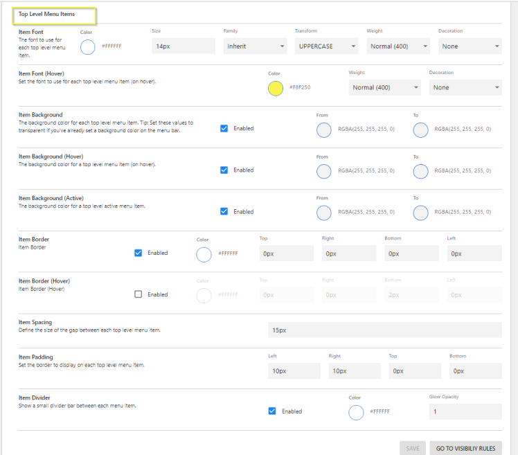 A screenshot of Main Navigation : Top Level Menu Items screen