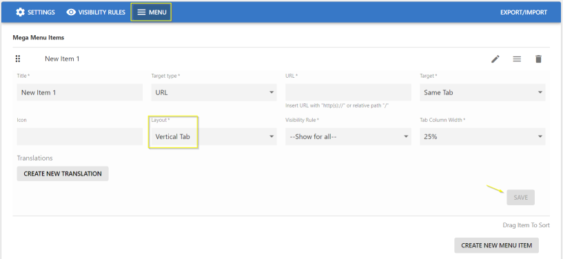 A screenshot of the Creating menus for the Dropdown menus - Vertical Tab Style screen
