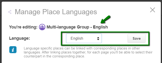 A screenshot of selecting language for a place