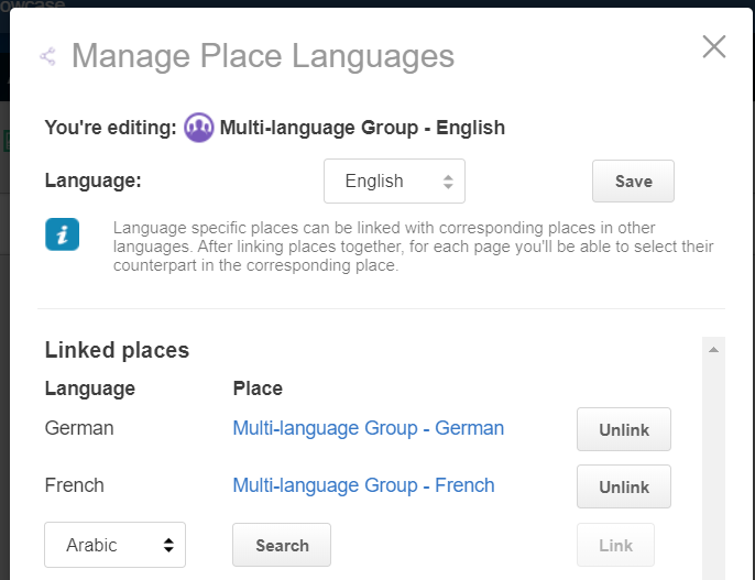 A screenshot with the place for the German language linked