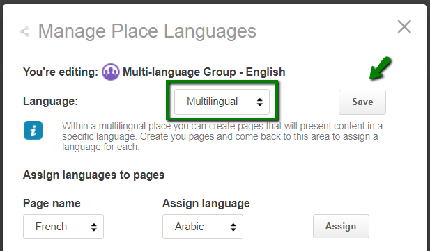 A screenshot of selecting custom page language