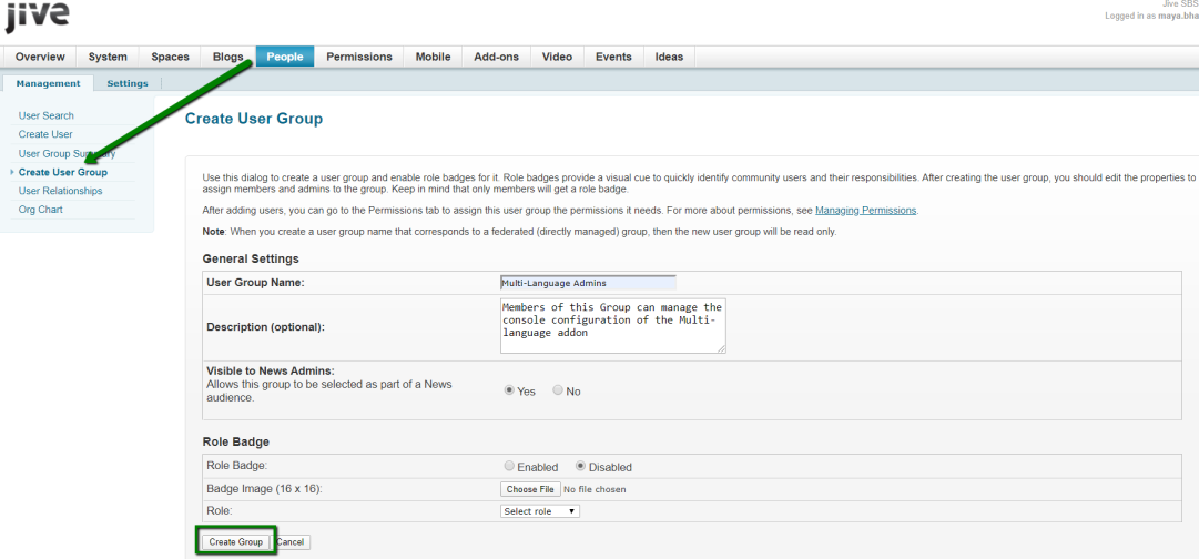 A screenshot of adding an example user group