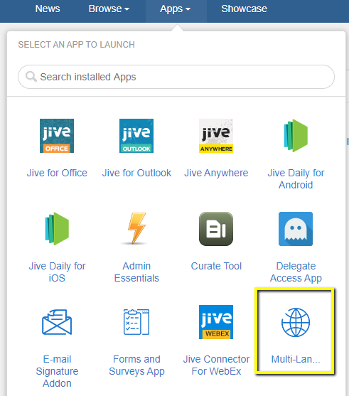 A screenshot of the Apps menu with the Multiple Languages Add-on highlighted