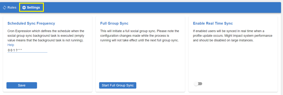 A screenshot of the Social Group Sync settings