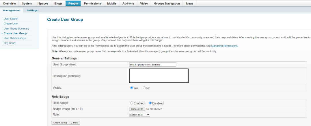 A screenshot of adding an example user group – social-group-sync-admins