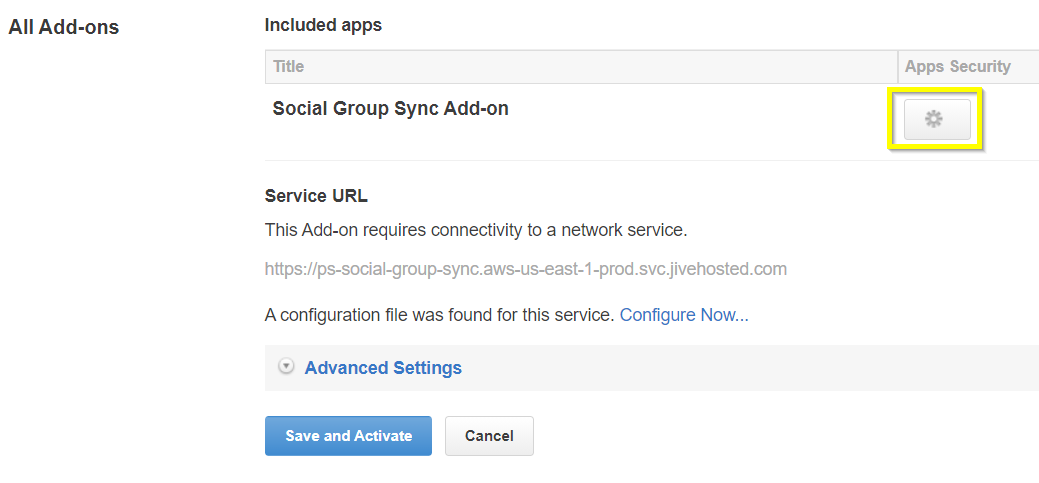 A screenshot of the Social Group Sync add-on security settings