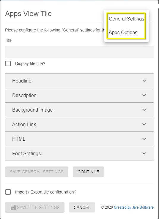 Apps Viewer tile: Configuration menu