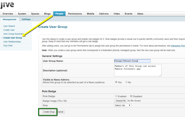 A screenshot of adding an example user group – Manage Followers