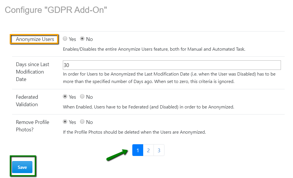 A screenshot of the Anonymize Users page