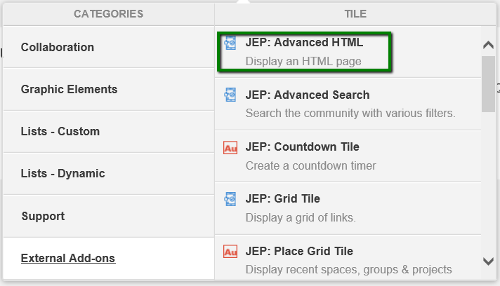 Advanced HTML tile in the tile selection