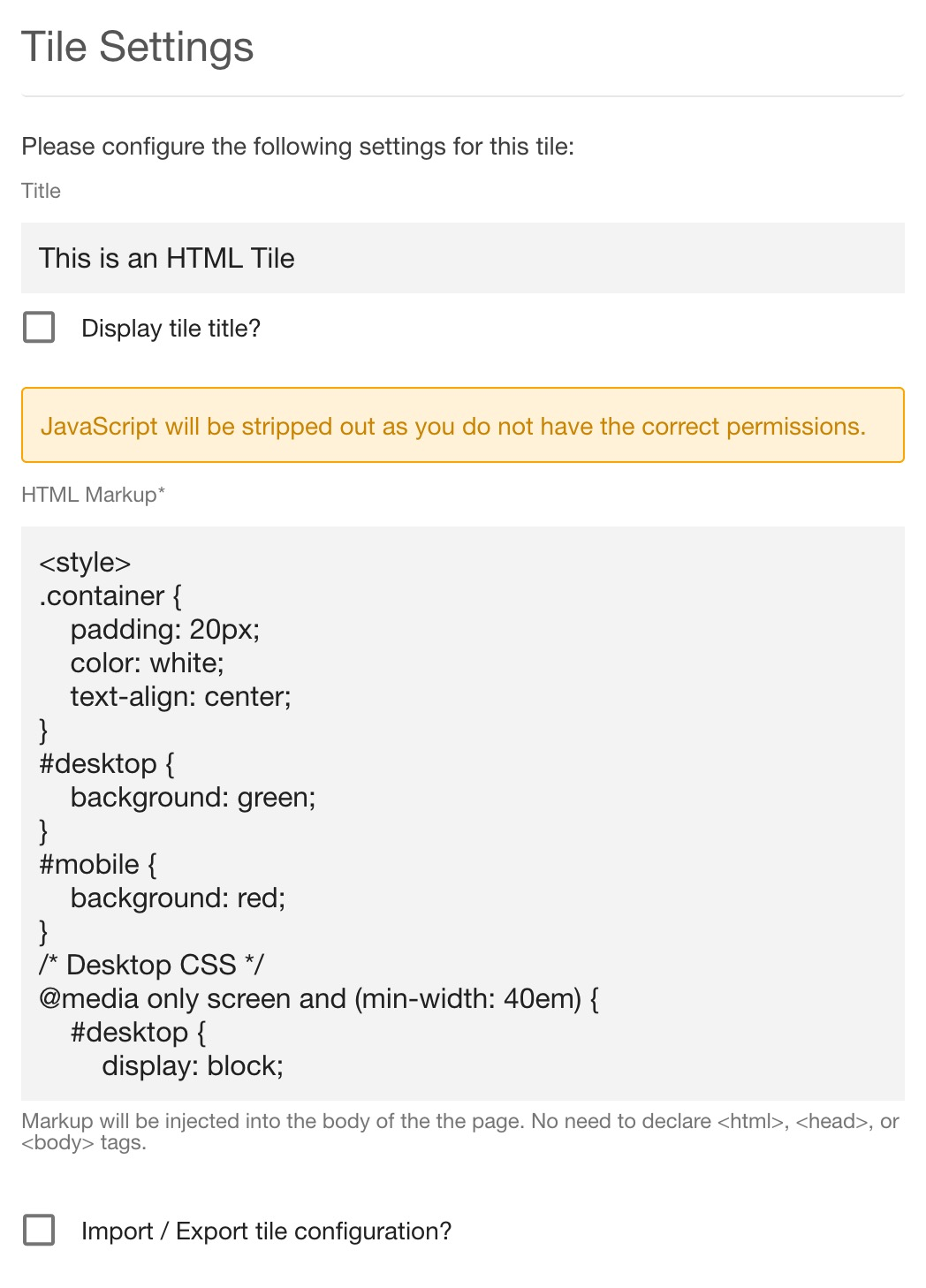 An example of Advanced HTML tile configuration