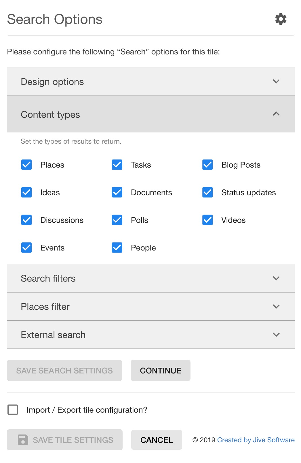 An example of Advanced Search tile configuration options