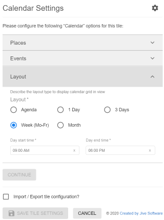 An example of Calendar tile configuration options