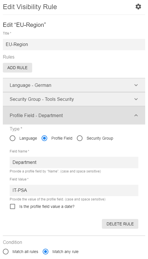 An example of Formatted Text tile configuration of visibility rules