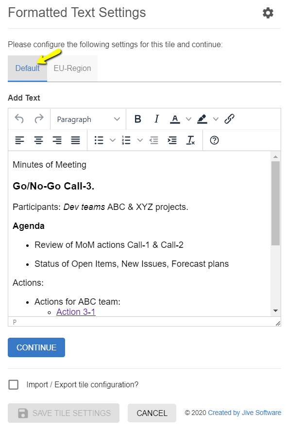 Configuration for the Formatted Text tile example