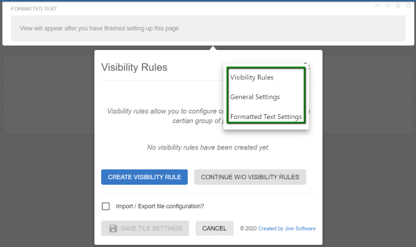 Formatted Text tile: Configuration menu